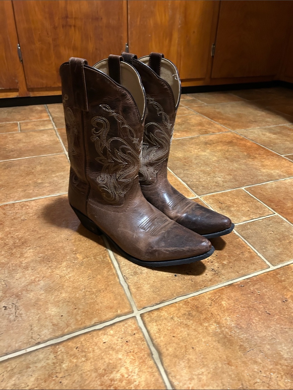 Brown Embroidered Western Heeled Boots